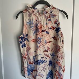 Amour Vert Floral Ruffle Neck Sleeveless Blouse - Cream, Blue & Coral